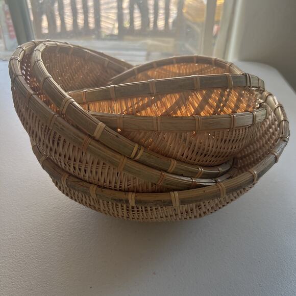 6 Nesting Brown Rounded Woven Wicker Rattan Basket Vegetable Fruit Boho Country - Picture 3 of 15